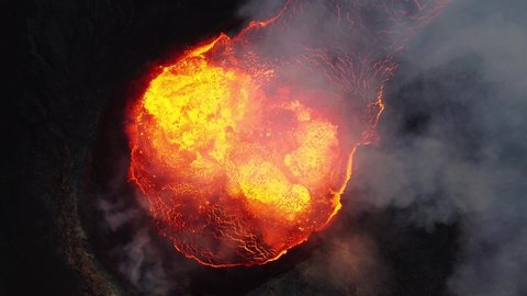 Close look on volcano. Incredible aerial of the dramatic volcanic eruption of the Fagradalsfjall (Geldingadalur) volcano eruption in Reykjanes peninsula Iceland. Flowing lava. 