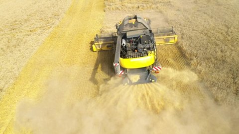Aerial view of combine harvester on wheat field. Agriculture and carbon footprint theme.