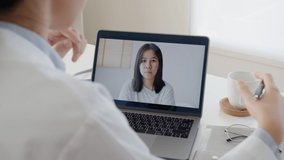 Webcam online screen of asia sick people or patient remote consult in telehealth hotline telemedicine help contact app talk and listen advice from clinic in office pain, social depress or covid exam.