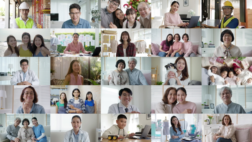 Mixed age range face or multi ethnic screen group of asia people power look at camera enjoy laugh talk of Doctor worker, senior SME owner, teen college student in 5G IOT job life at home office. | Shutterstock HD Video #1077397361