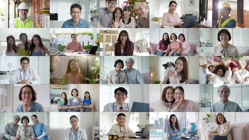 Mixed age range face or multi ethnic screen group of asia people power look at camera enjoy laugh talk of Doctor worker, senior SME owner, teen college student in 5G IOT job life at home office. Royalty-Free Stock Footage #1077397361
