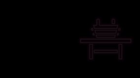 Glowing neon line Sauna bench with bucket icon isolated on black background. 4K Video motion graphic animation.