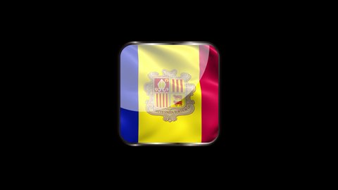 Steel Badge with the Flag of Andorra on Transparent Background. Andorra Flag Glass Button Concept with Rectangular Metal Frame. 4K Ultra HD Seamless Looping Animation.
