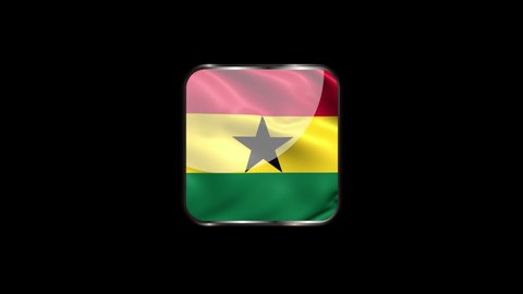 Steel Badge with the Flag of Ghana on Transparent Background. Ghana Flag Glass Button Concept with Rectangular Metal Frame. 4K Ultra HD Seamless Looping Animation.