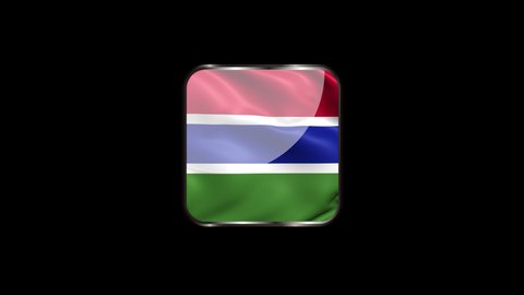 Steel Badge with the Flag of the Gambia on Transparent Background. Gambia Flag Glass Button Concept with Rectangular Metal Frame. 4K Ultra HD Seamless Looping Animation.