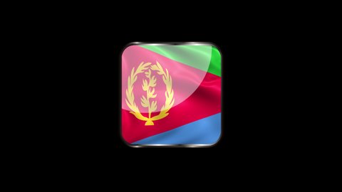 Steel Badge with the Flag of Eritrea on Transparent Background. Eritrea Flag Glass Button Concept with Rectangular Metal Frame. 4K Ultra HD Seamless Looping Animation.