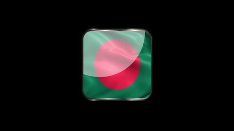 Steel Badge with the Flag of Bangladesh on Transparent Background. Bangladesh Flag Glass Button Concept with Rectangular Metal Frame. 4K Ultra HD Seamless Looping Animation.