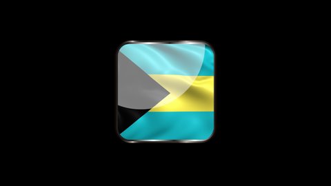 Steel Badge with the Flag of the Bahamas on Transparent Background. Bahamas Flag Glass Button Concept with Rectangular Metal Frame. 4K Ultra HD Seamless Looping Animation.