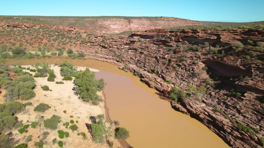 Outback Australia aerial river fly over red sandstone gorge Kalbarri