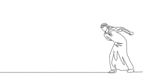 Animated self drawing of single continuous line draw young Arab businessman walking with his hunchback body. Struggling professional manager. Minimalism concept. Full length one line animation.