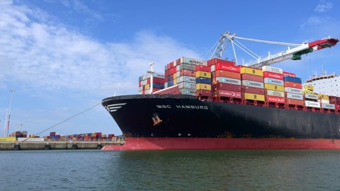 Le Havre, France - July 29, 2021: Containership Hamburg of company MSC, a world leader in global container shipping