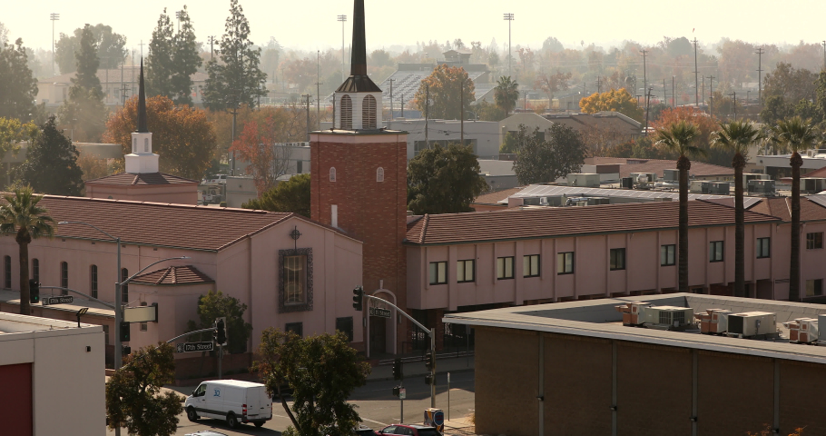 Sunset aerial view of historic downtown Bakersfield, California, USA.