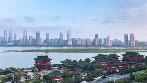 time lapse of the Nanchang cityscape in early morning, Jiangxi province, China.