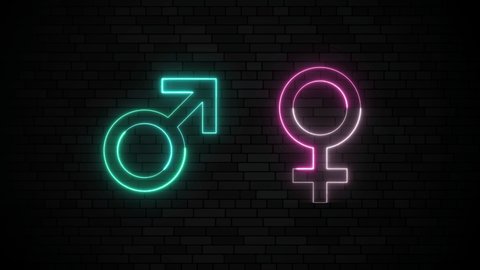 A blue neon male symbol and pink neon female symbol on a dark brick wall background. A simple shining motion graphic element