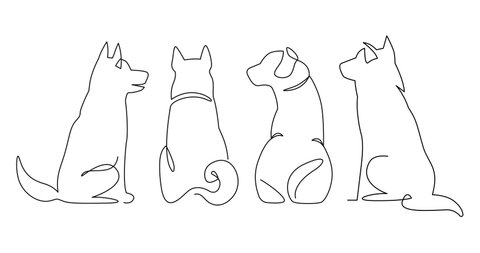 Self drawing animation of sitting dog from back. Hand drawn illustration, back view set of dog outline icons. ute pets, minimalist symbol.
