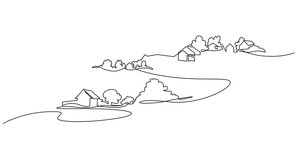 Self drawing animation of Rural landscape. Lake house in the woods continuous one line drawing. Country nature panoramic sketch.