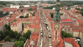 Gdansk,Poland,Europe.Beautiful panoramic aerial 4K video from drone to old city Gdansk, Motlawa river and Gothic St Mary church, city hall tower, the oldest medieval port crane (Zuraw) and old houses