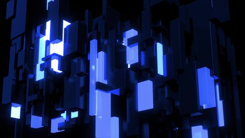 Dark science fiction blue background. Abstract looped 4k dark bg neon cubes light bulbs. Different sizes cubes network lighting blue neon light, like night city. Blockchain technology visualization