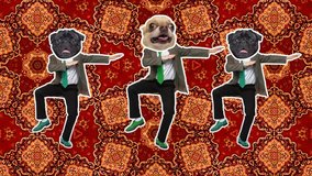 4K Minimal animation motion design. Funny dog face on dancing man. Pop and dance mood. Businessman in stop motion, 2D, modern, conceptual, contemporary pop art collage. Party, business, concept