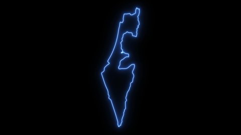 Neon shimmering blue map of Israel country on black background.