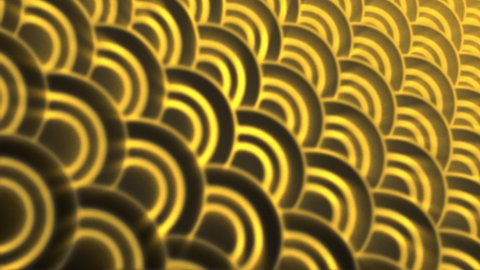 Rows of gold Art Deco shapes with soft light ray effect and glow. Seamless loop motion background. 