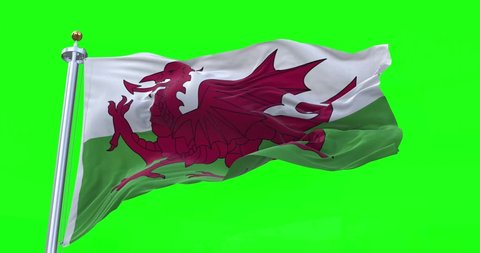 4K 3D Illustration of the waving flag on a pole of country Wales with Green Screen Chroma Key