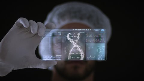 Male Scientist looking at a holographic genetic interface with patient information, 3D DNA model rotating and sequencing graph. Genomic Research, augmented reality, futuristic medicine. 