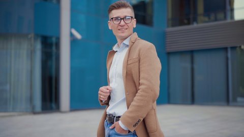 Businessman Eyeglasses Standing Outdoor Office Building Handsome Caucasian Male Business Person Portrait Corporative Building Background Successful Young Adult Manager 