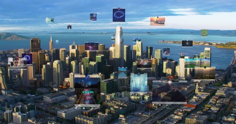 Futuristic city connected to social media. High tech vision of San Francisco. Augmented reality. California, United States.