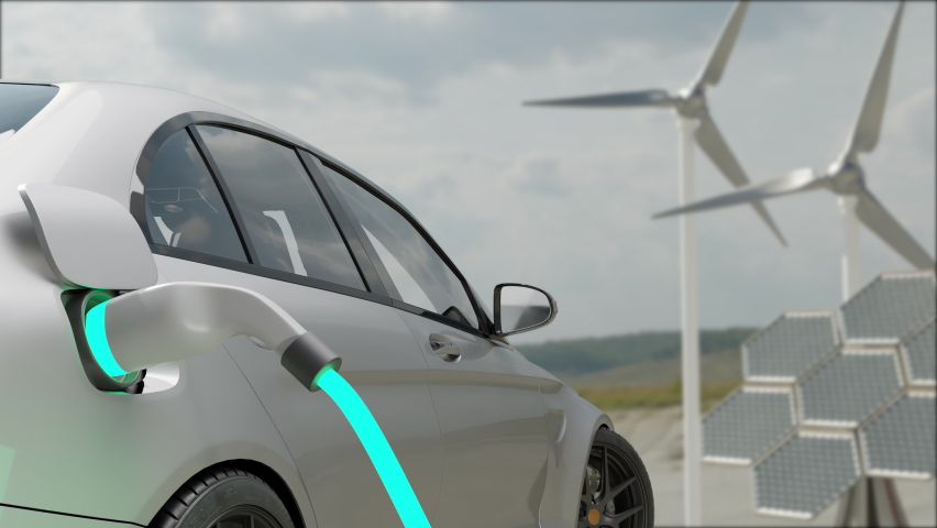 Car charging on the background of a windmills and solar panels. Charging electric car. Electric car charging on wind turbines background. Vehicles using renewable energy. 3d animation Royalty-Free Stock Footage #1077438689