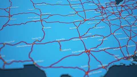 Light blue map of USA with cities and car roads on a dark blue background. 4K Animation with luma matte