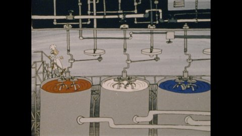 1970s: Animation. Finger presses "START" button. Caption reads "A CORONET FILM." Machines in factory. Cartoon George Washington works. Machines mix vats, fill pans, cook and frost cakes.