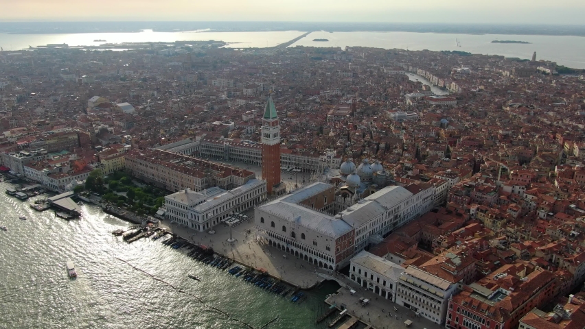 Drone flying over Piazza San Marco (St Mark Square) in Venice, Italy, Europe