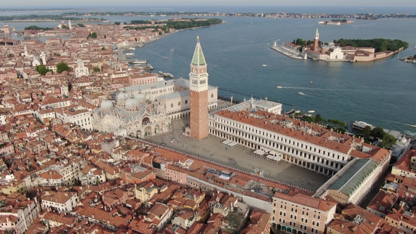 Drone flying over Piazza San Marco (St Mark Square) in Venice, Italy, Europe