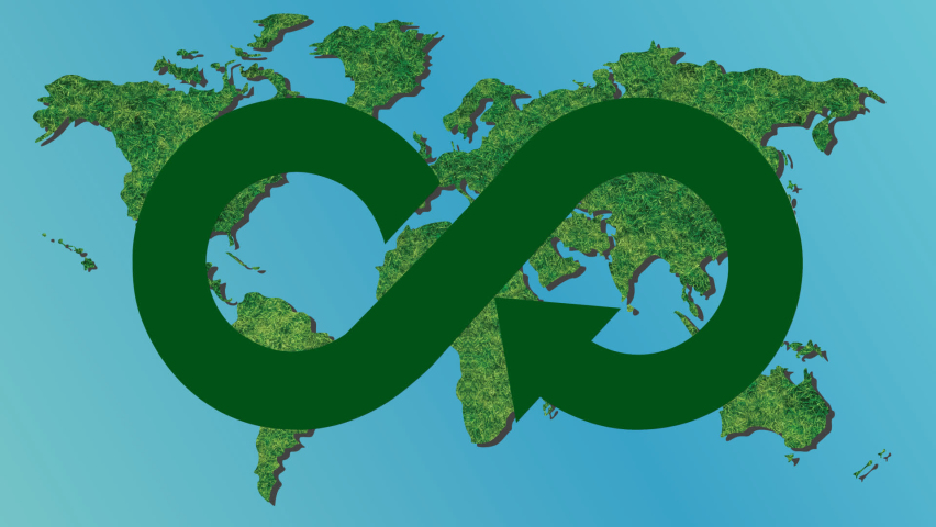 Animation of Infinity circular economy concept. Upcycling and recycling is a way to save the earth. Logo on world map with green grass tree texture. Royalty-Free Stock Footage #1077445610