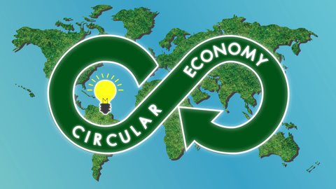 Animation of Infinity circular economy concept. Upcycling and recycling is a way to save the earth. Logo on world map with green grass tree texture.