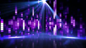 Animation of pink and purple shapes, spotlights and purple graphic music equalizer. party, music and entertainment concept digitally generated video.