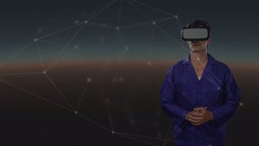 Animation of network of connections and data processing over doctor wearing vr headset. global connections, data processing and digital interface concept digitally generated video.