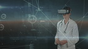 Animation of networks of connections over female doctor wearing vr headset. global medicine, connections, data processing and digitally generated video.