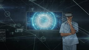 Animation of network of connections and data processing over doctor wearing vr headset. global connections, data processing and digital interface concept digitally generated video. - Powered by Shutterstock - Get 15% off with code: PIKWIZARD15