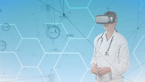 Animation of network of connections and data processing over female doctor wearing vr headset. global connections, data processing and digital interface concept digitally generated video.