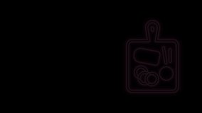 Glowing neon line Cutting board icon isolated on black background. Chopping Board symbol. 4K Video motion graphic animation.