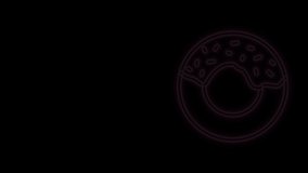 Glowing neon line Donut with sweet glaze icon isolated on black background. 4K Video motion graphic animation.