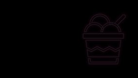 Glowing neon line Ice cream in the bowl icon isolated on black background. Sweet symbol. 4K Video motion graphic animation.