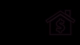 Glowing neon line House with dollar symbol icon isolated on black background. Home and money. Real estate concept. 4K Video motion graphic animation.