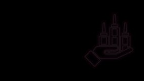 Glowing neon line Skyscraper icon isolated on black background. Metropolis architecture panoramic landscape. 4K Video motion graphic animation.