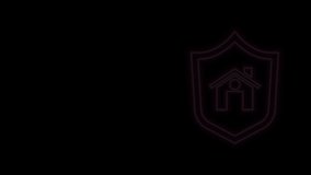 Glowing neon line House with shield icon isolated on black background. Insurance concept. Security, safety, protection, protect concept. 4K Video motion graphic animation.