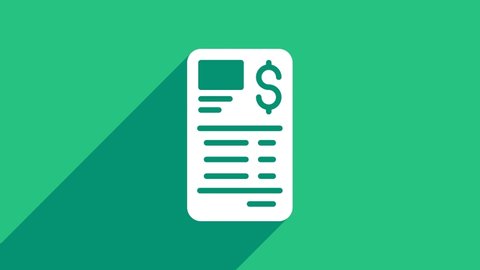 White Paper or financial check icon isolated on green background. Paper print check, shop receipt or bill. 4K Video motion graphic animation.