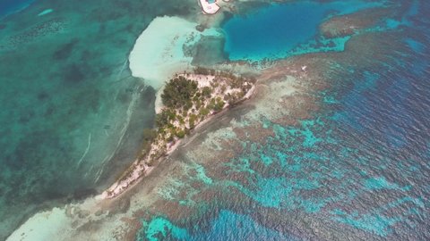 Aerial view of beautiful bay islands of Utila, Water cay, Utila cay, Jewel cay in Atlantida, Honduras .Tropical beach white sand, blue Ocean, palm trees. Vacation on paradise island.