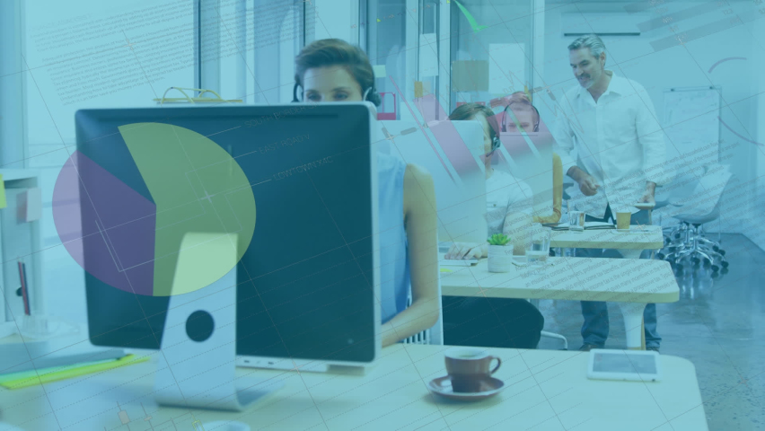 Animation of financial data processing over business people working in office. global business, connections, digital interface and technology concept digitally generated video.